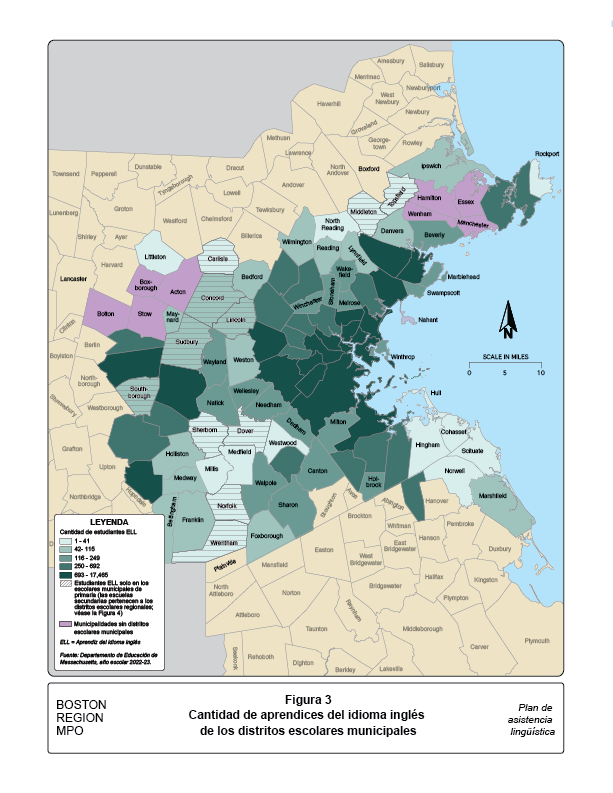 Text Box: MPO  REGIÓN  DE BOSTON	FIGURA 2-1  Número de Estudiantes del Idioma Inglés como Segunda Lengua en Distritos Escolares Municipales	Plan de Asistencia Lingüística   (LAP)    